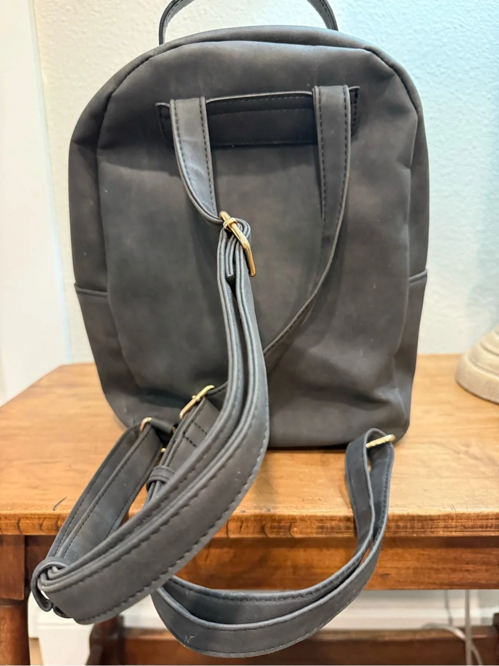 Black Faux Leather Mini Backpack Purse Gold Hardware
